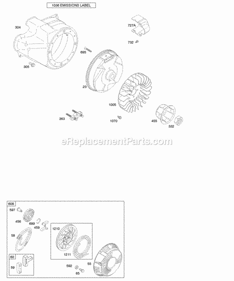 Blower HousingShrouds Flywheel Rewind Starter Diagram and Parts List for 203437-0041-E1  Briggs and Stratton Engine